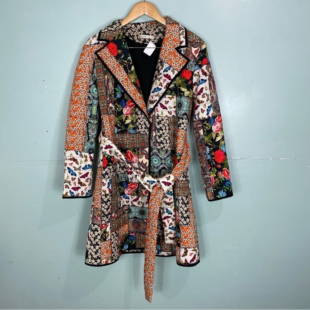 Alice + Olivia Moya Patchwork Tapestry Floral Quilted Coat Belted Butterfly Sz S